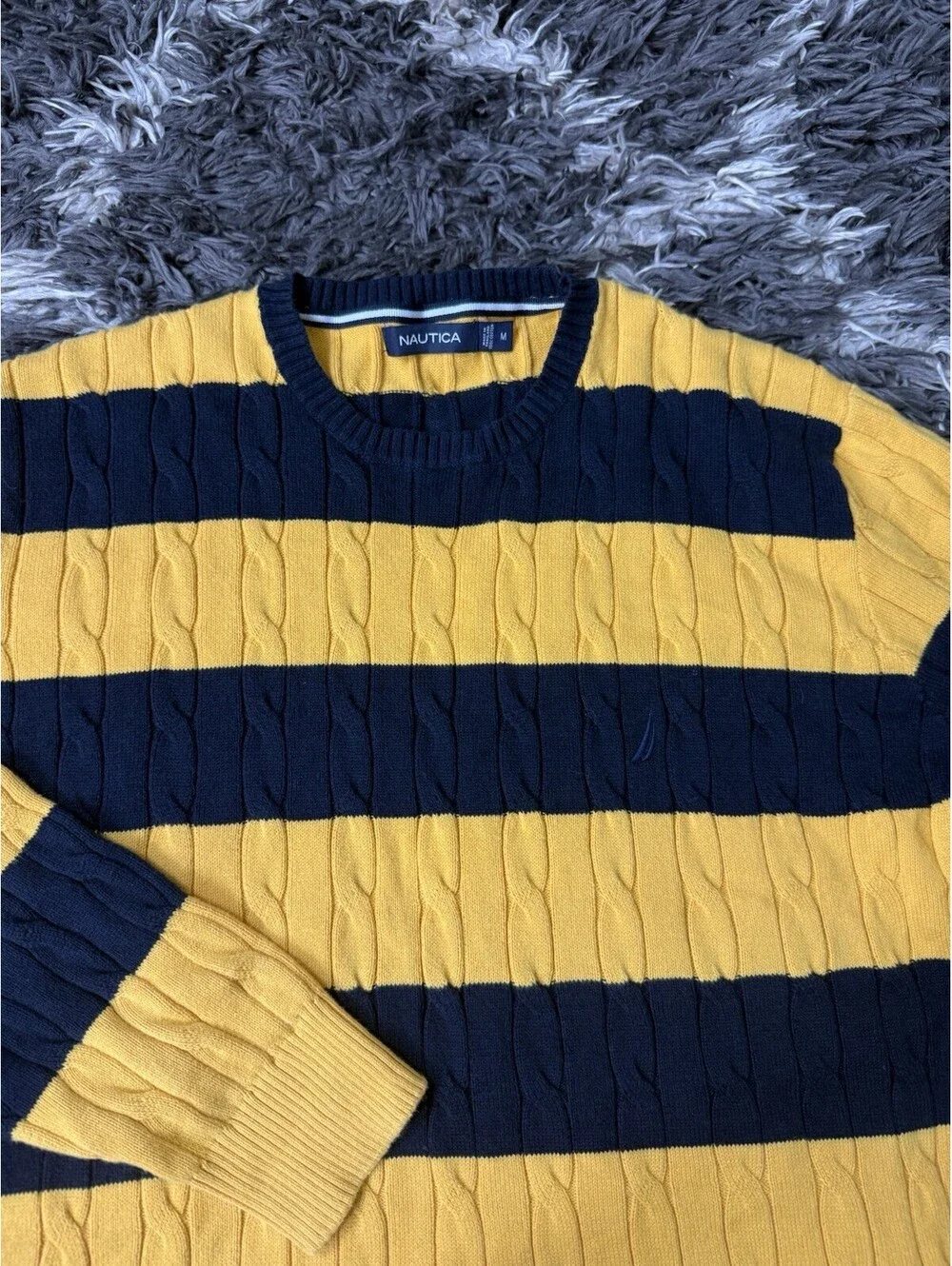 Nautica Men Medium Cable Knit Sweater Yellow Blue Striped Medium Crewneck